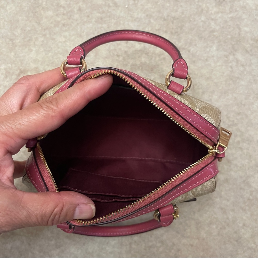 Coach Mini Rowan Signature Tan Canvas Pink Rogue Leather Trim Crossbody Bag - Picture 9 of 17